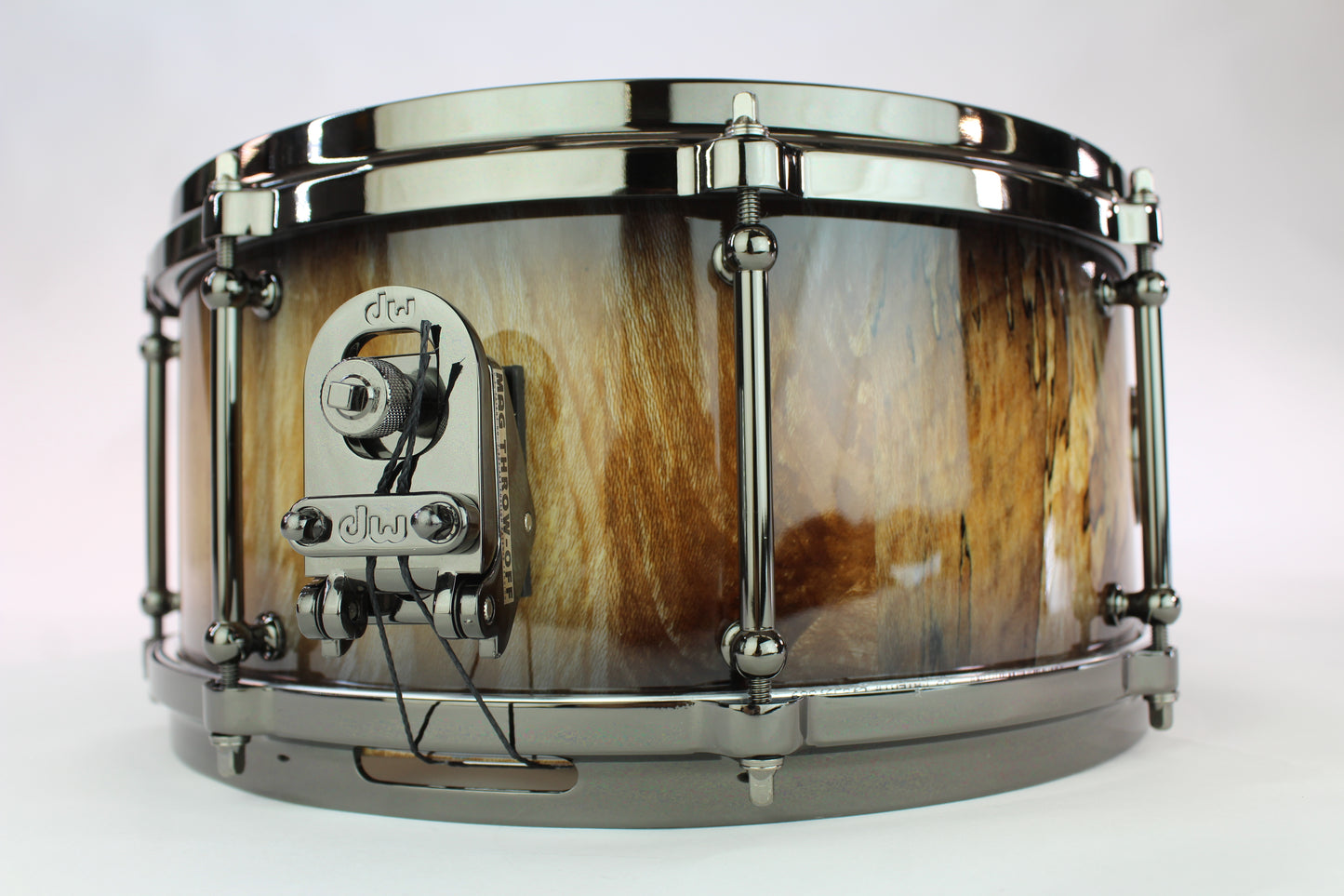 Spalted sycamore stave snare drum with natural to black burst high close lacquer and black nickel hardware