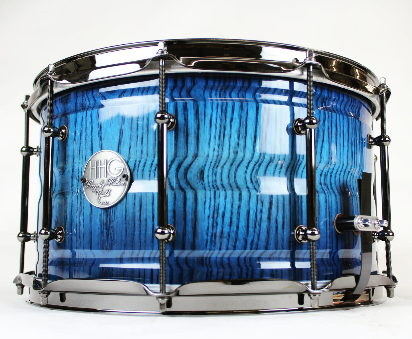 HHG Drums 14x7 Contoured White Ash Stave Snare Drum, Electric To Deep Navy Blue Burst High Gloss