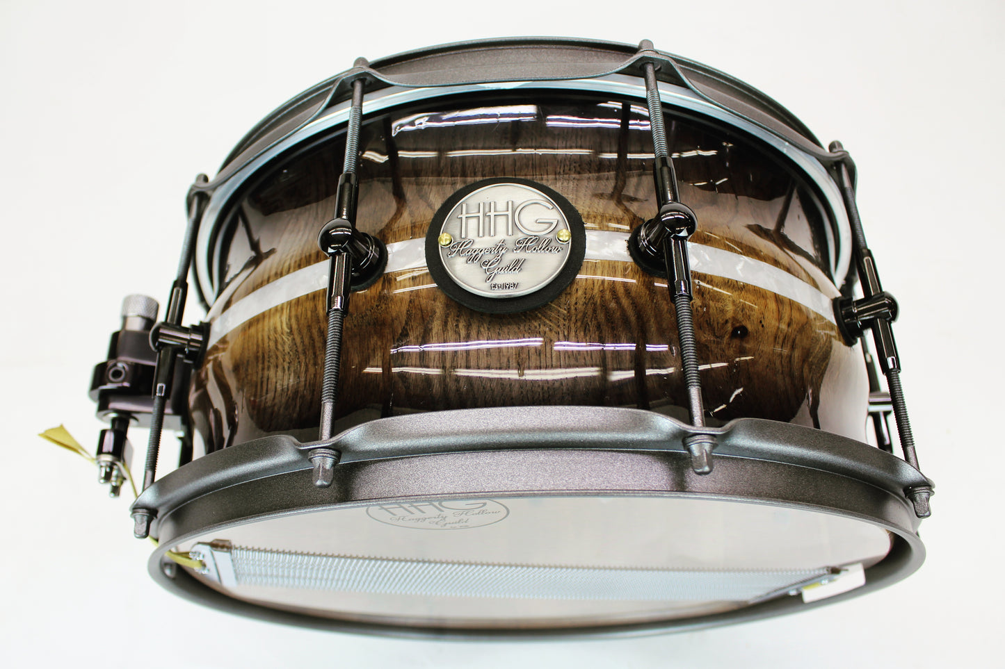HHG Drums 14x7 Contoured White Oak Stave Snare Drum, High Gloss Whisky Burst with White Marine Pearl