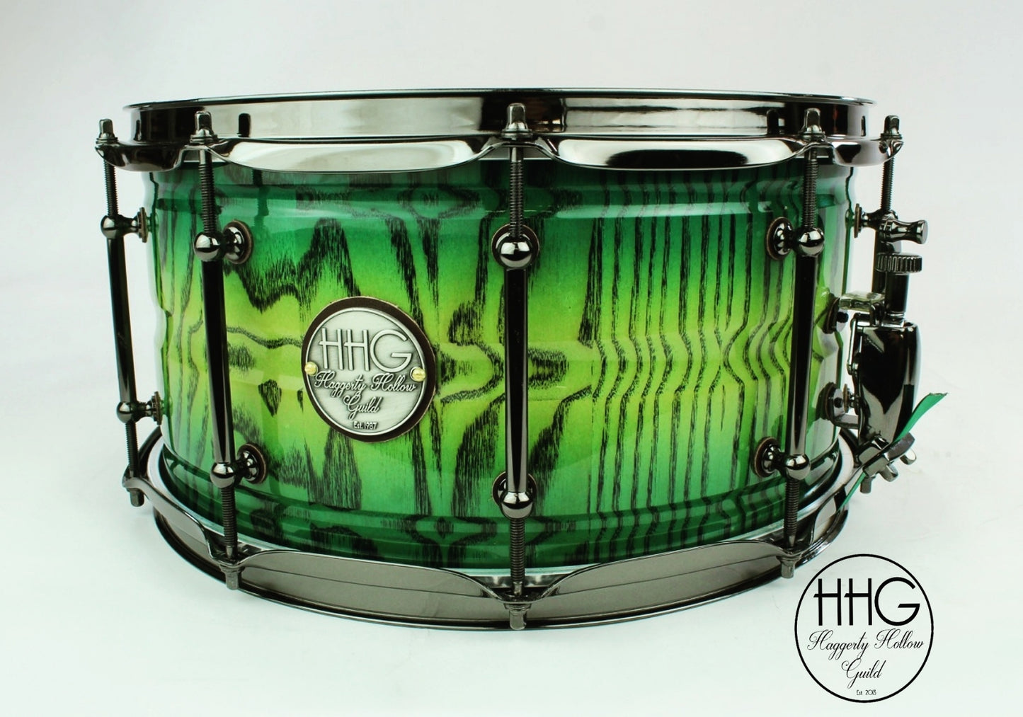 HHG Drums 14x7 Ash Stave Snare, Electric Green Burst