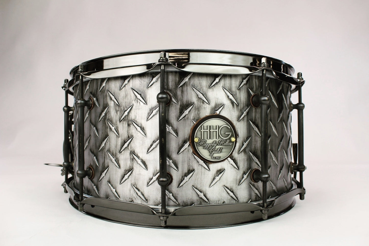 HHG drums 14x7 Aluminum Diamond Plate Snare 2017 Distressed Black Satin
