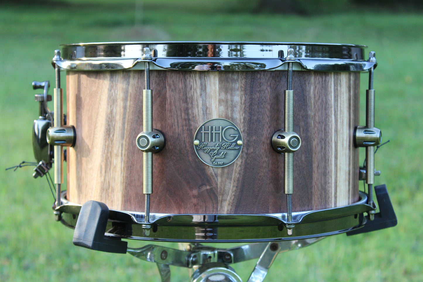 Calico Walnut Stave Snare Drum with Antique Bronze Hardware & Satin Lacquer Finish
