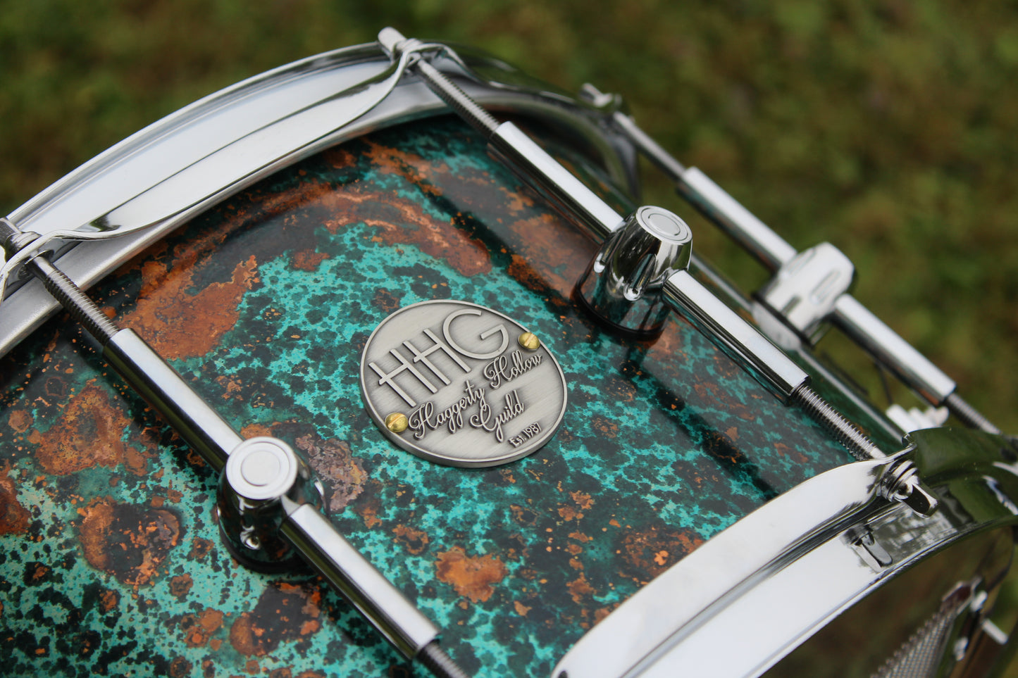 Maple and Petina copper hybrid snare drum with Chrome Hardware