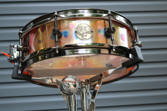 14x5 1mm thick rolled copper snare drum with flame patina and black nickel hardware