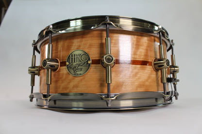 Quilted Birch and maple 8 ply snare drum with antique bronze hardware