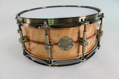 Quilted Birch and maple 8 ply snare drum with antique bronze hardware