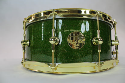 Curly Maple Stave Snare Drum with Green Metallic Flake High Gloss Lacquer & Gold Hardware