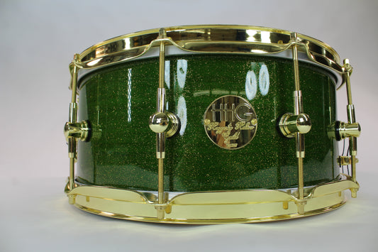 Curly Maple Stave Snare Drum with Green Metallic Flake High Gloss Lacquer & Gold Hardware