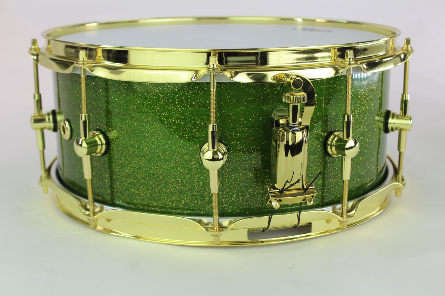 Curly Maple Stave Snare Drum with Green Metallic Flake High Gloss Lacquer & Gold Hardware