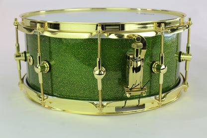 Curly Maple Stave Snare Drum with Green Metallic Flake High Gloss Lacquer & Gold Hardware