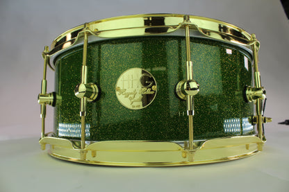 Curly Maple Stave Snare Drum with Green Metallic Flake High Gloss Lacquer & Gold Hardware