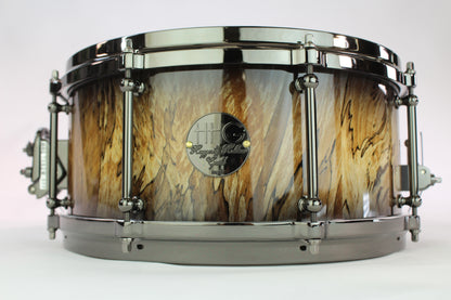 Spalted sycamore stave snare drum with natural to black burst high close lacquer and black nickel hardware