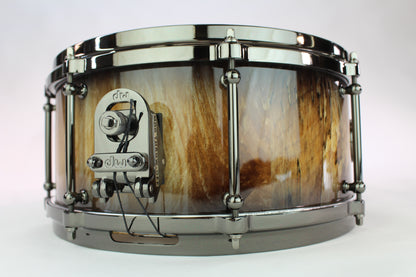 Spalted sycamore stave snare drum with natural to black burst high close lacquer and black nickel hardware