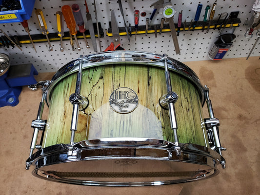 HHG drums  14x6.7 Spalted Maple 2020 High Gloss Natural to Green Burst Lacquer
