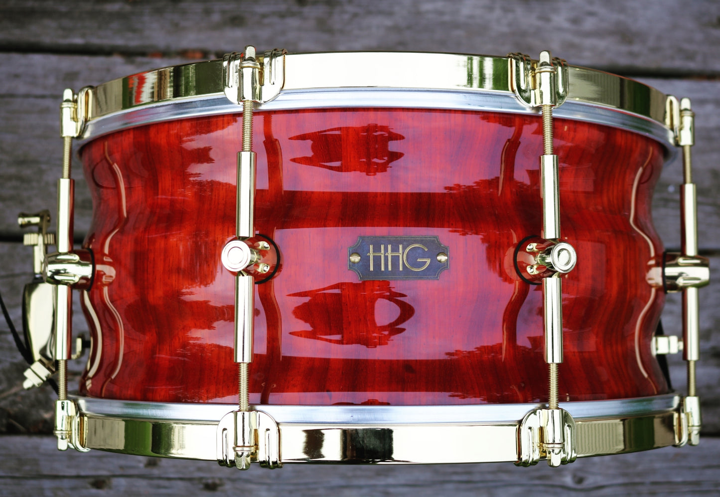 HHG Drums 14x7 Contoured Padauk Stave Snare 2021 High Gloss Natural Lacquer, Gold Hardware