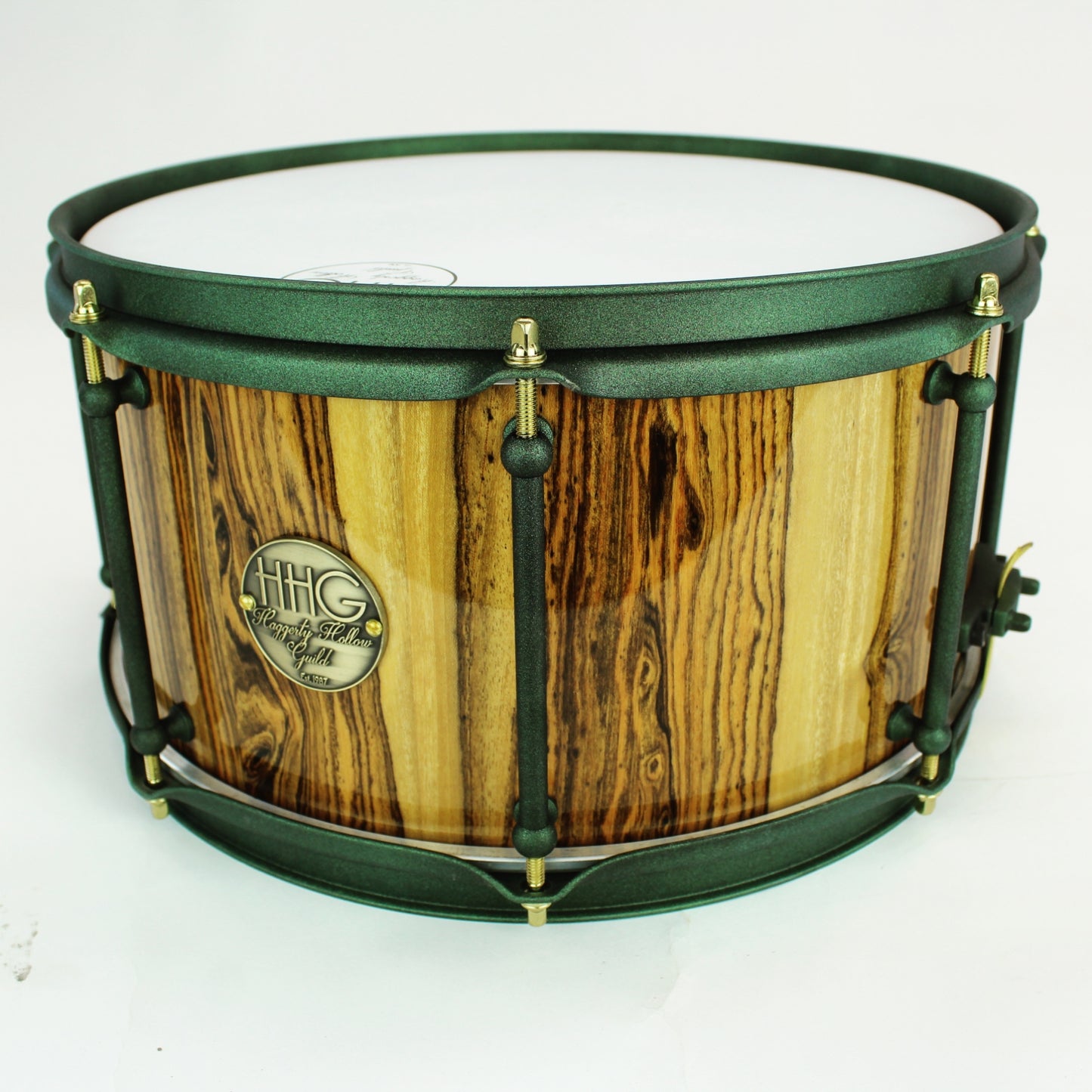HHG Drums 13x7 Bocote Stave Snare Drum, High Gloss Lacquer And Forrest Green Shimmer Hardware