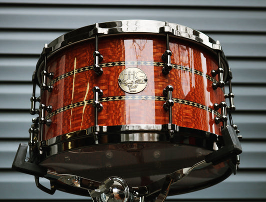 HHG Drums 14x8 Leopardwood Stave Snare Drum 2023 High Gloss Natural Lacquer, Double Inlay, Black Nickel Hardware