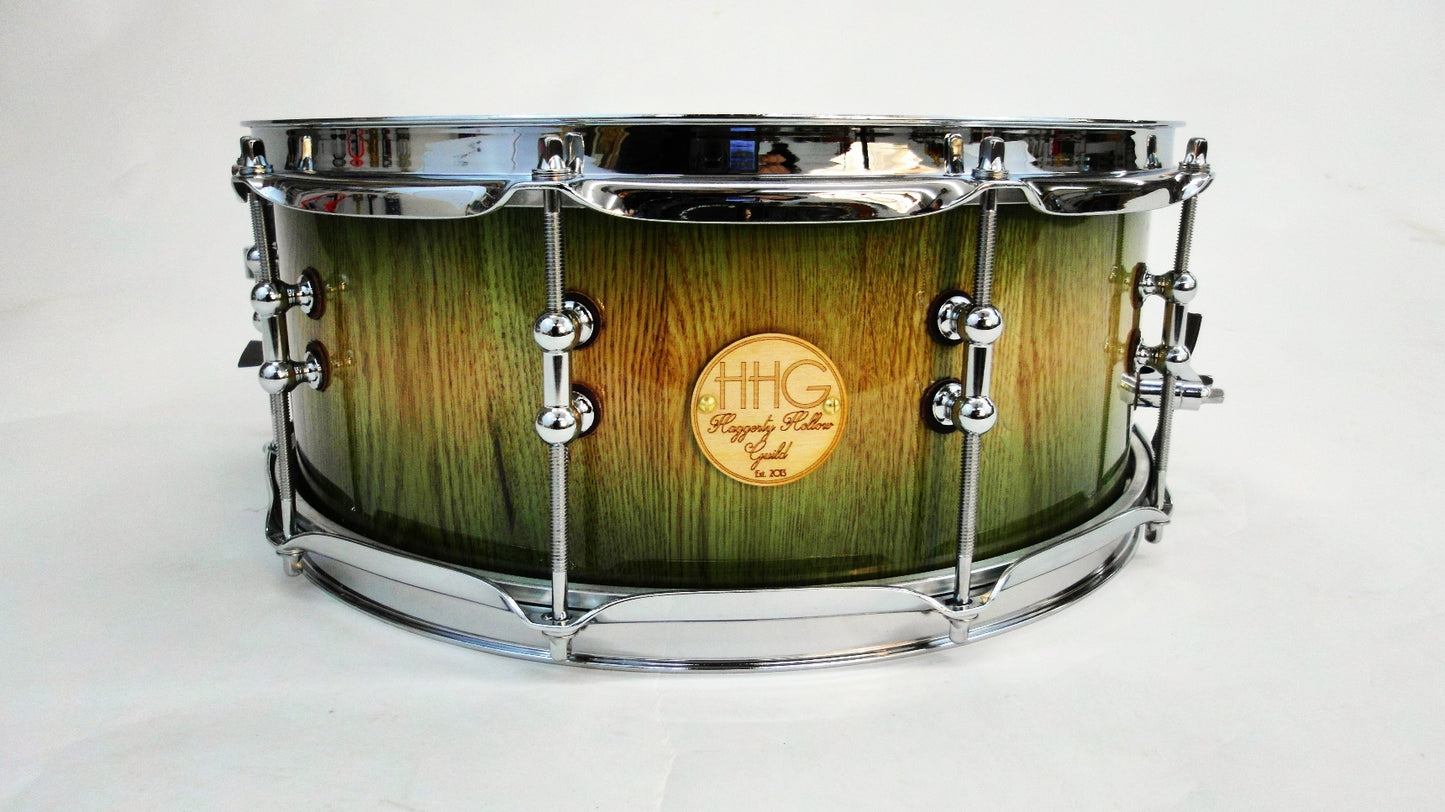 HHG Drums 14x5.5 White Oak Stave Snare, Natural To Green High Gloss Burst