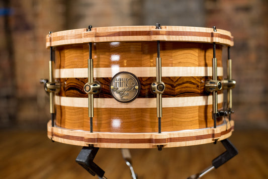 HHG Drums 14x7.25 Cocobolo/Cherry/Curly Maple Segmented Snare With Matching Wood Hoops, Semi Gloss
