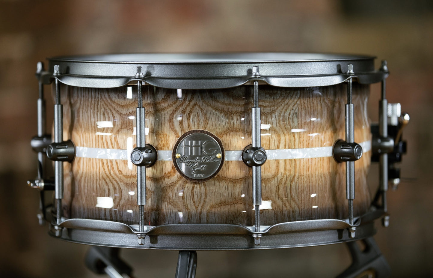 HHG Drums 14x7 Contoured Red Oak Stave Snare, Smoky High Gloss Lacquer with Gunmetal Hardware