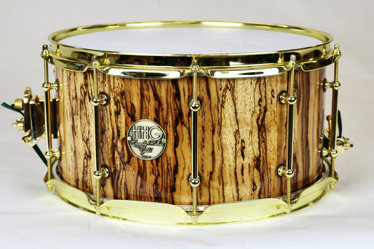 HHG drums 14x7 Figured Zebrawood Stave Snare Drum, High Gloss Natural Lacquer