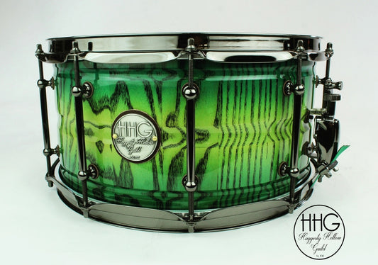 HHG Drums 14x7 Ash Stave Snare, Electric Green Burst