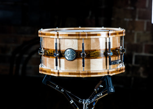 HHG Drums 14x7 Bocote-Paduak-Birch Segmented, Semi Gloss Lacquer