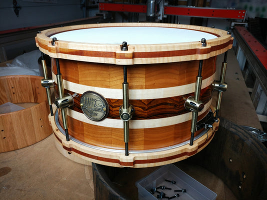 HHG Drums 14x7.25 Cocobolo/Cherry/Curly Maple Segmented Snare With Matching Wood Hoops, Semi Gloss