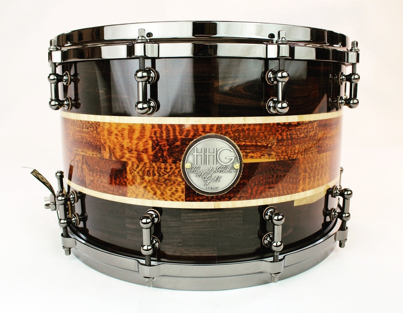 HHG Drums 14x8.5 Blackwood, Snakewood, And Maple Segmented Snare, High Gloss