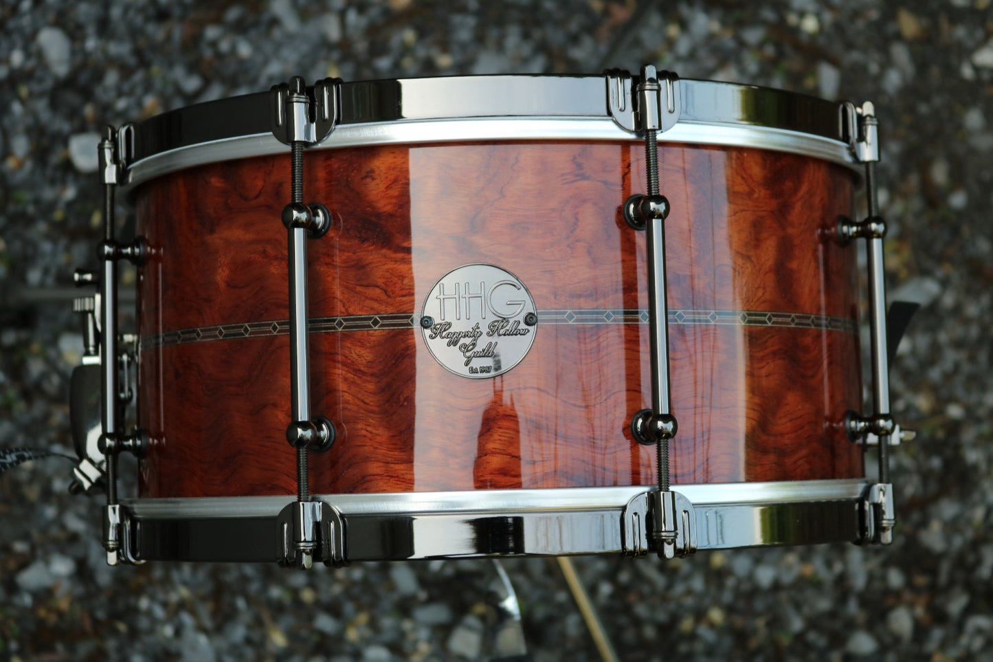 HHG drums 14x7 Bubinga, Tulipwood, Maple  2021 High Gloss Natural Lacquer, Herringbone Inlay, Black Nickel Hardware