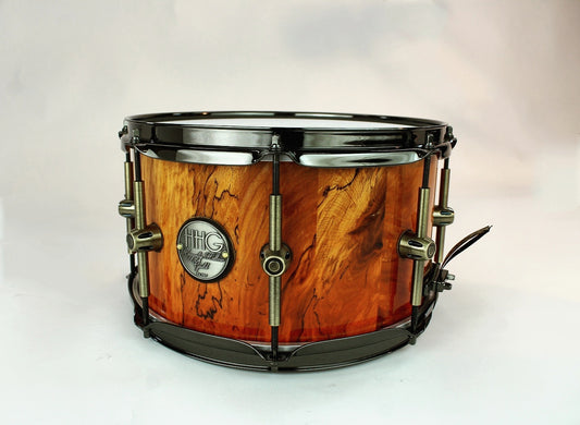 HHG Drums Spalted Sycamore Stave Snare, Mahogany Fade High Gloss